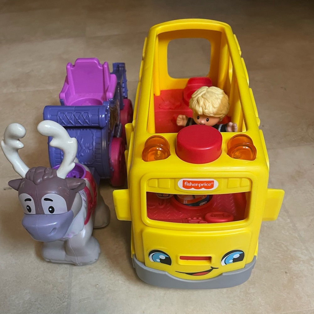 Fisher-Price Yellow Bus with Purple and Gray Figures
